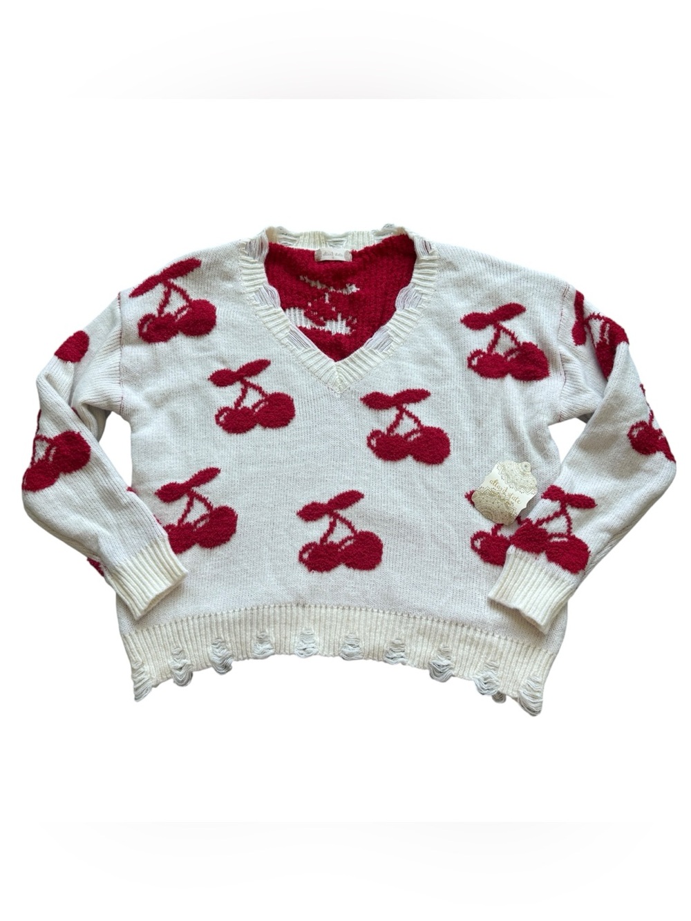 Altar’d State Cherry Sweater Small Red White Distressed Coquette V Neck NWT